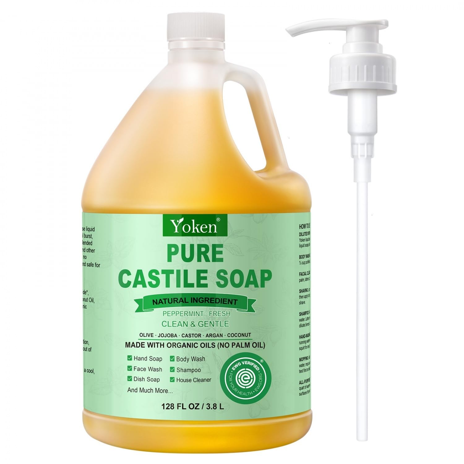 Yoken EWG Verified Peppermint Castile Soap Liquid, 1 128 Fl Oz (Pack of 1)