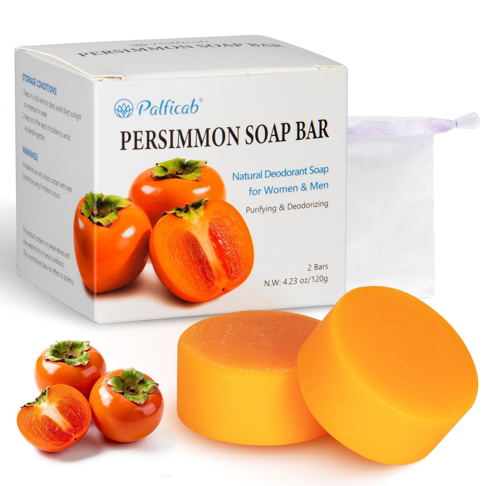 120G Round Persimmon Soap for Body Odor & Old People Smell Eliminator, Natura…
