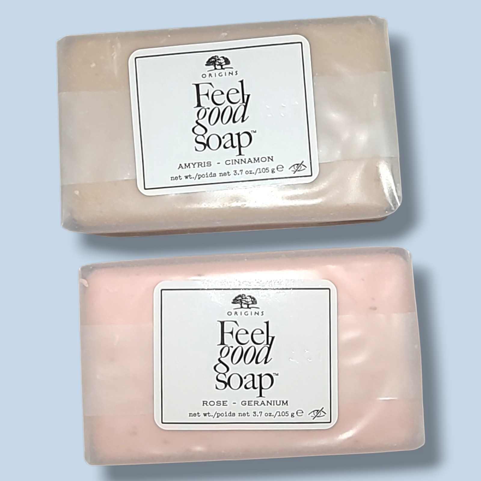 Origins Feel Good Soap Set Rose Geranium Amyris Cinnamon 3.7oz 2 Bars New