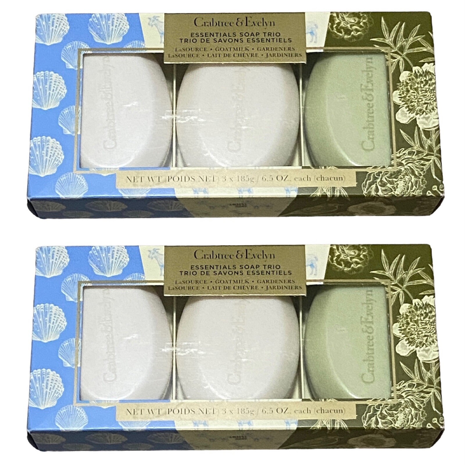 2x Crabtree & Evelyn Essential Soap Trio 6 x 6.5 oz Gardeners La Source Goatmilk