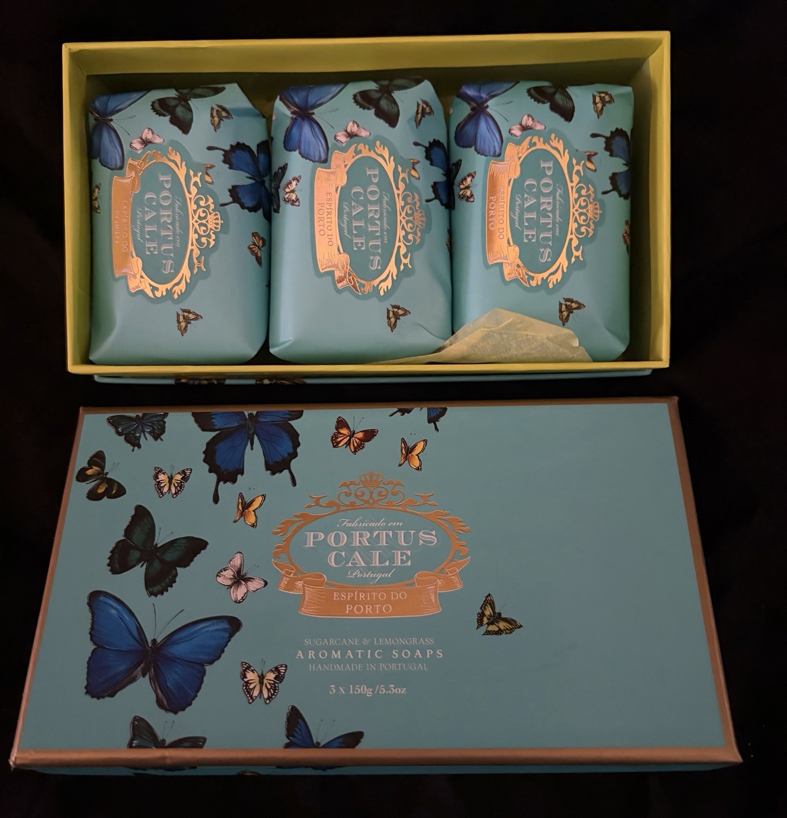 PORTUS CALE PORTUGAL SUGAR CANE & LEMON GRASS AROMATIC SOAPS 3 BARS W/ GIFT BOX