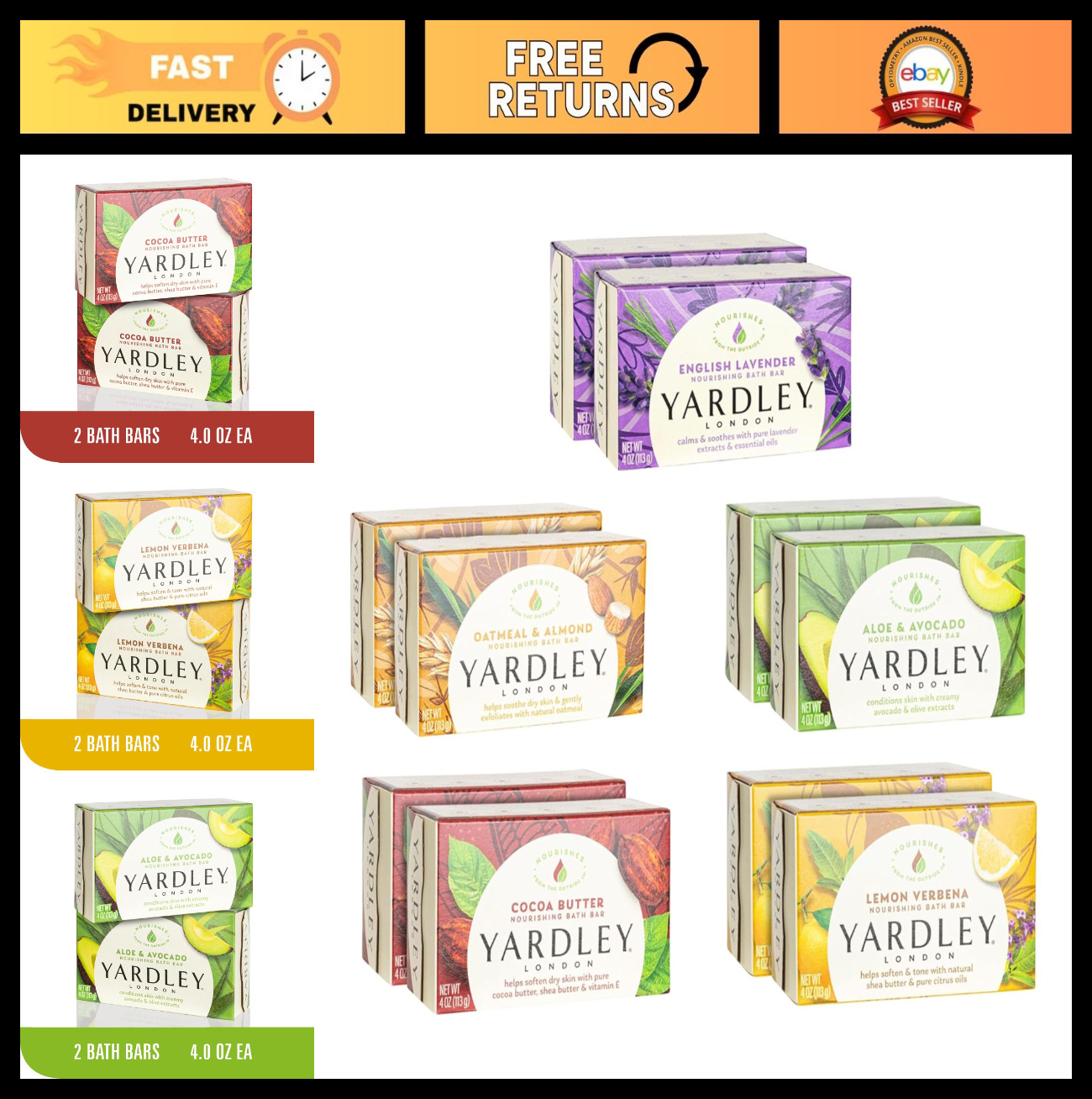 10-Pack Bath Soap Bars – English Lavender, Oatmeal Almond, Aloe Avocado, Cocoa B