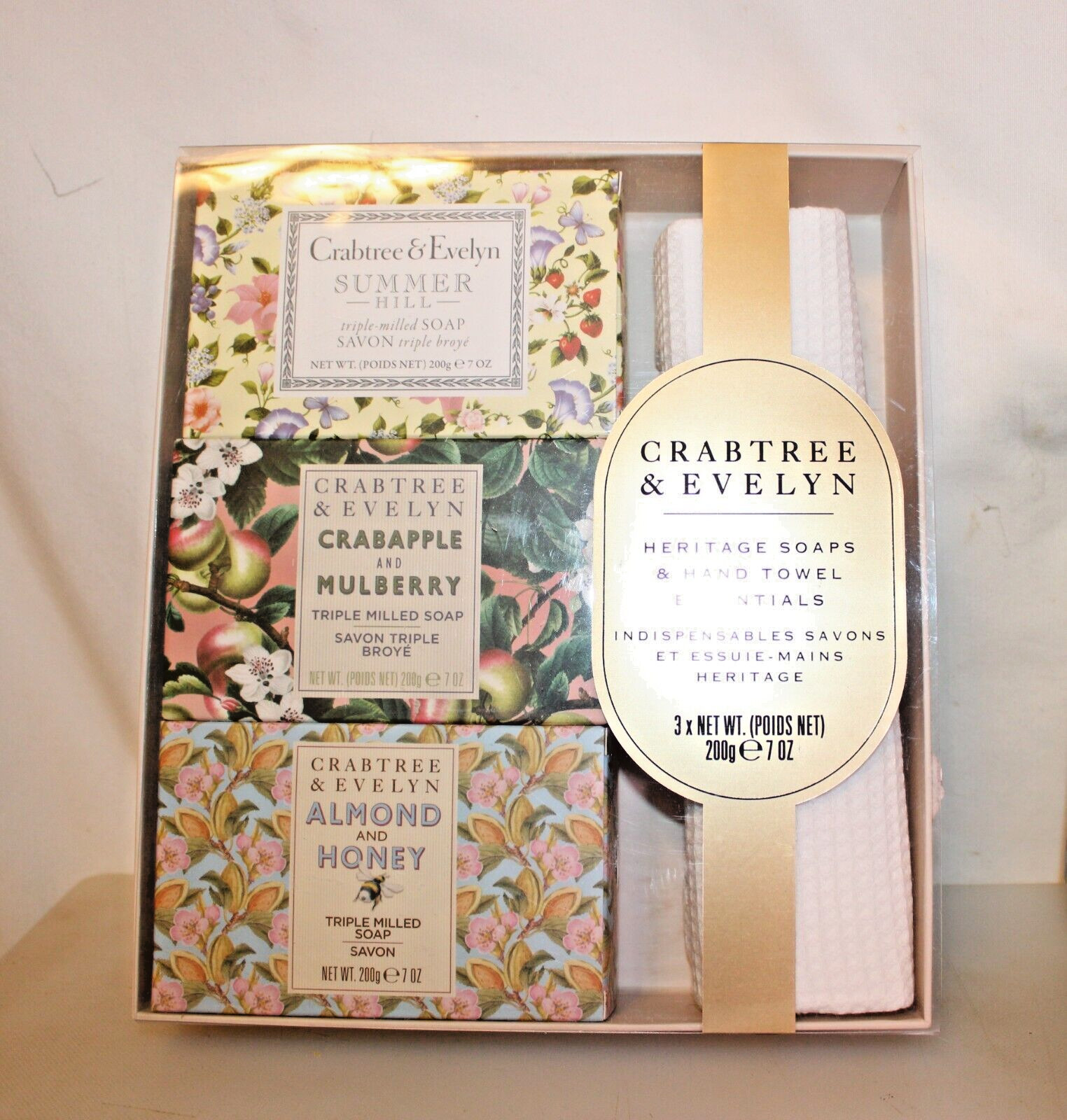 Crabtree & Evelyn Heritage Soaps & Towel Essentials 3 – 7 Oz Soaps 3-Scents NIB