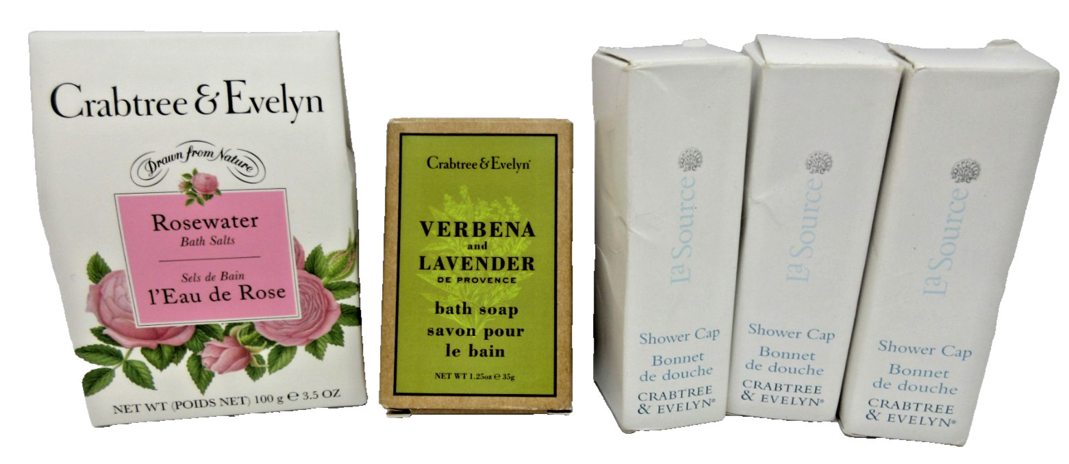 CRABTREE & EVELYN Bundle Rosewater Bath Salts, Verbena Soap & 3 Shower Caps