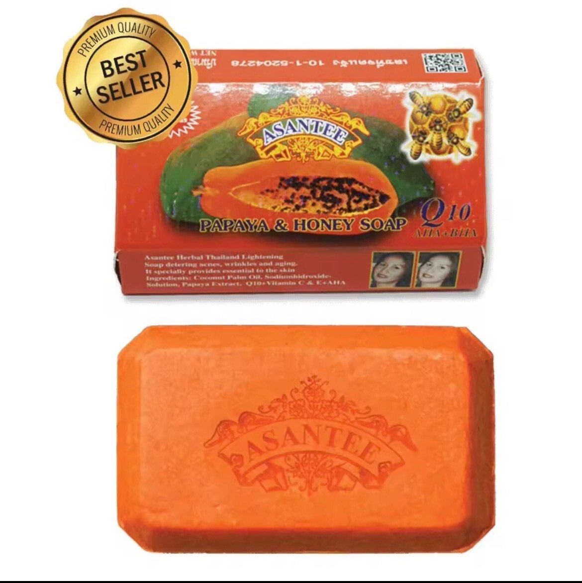 Asantee Papaya+ Honey Soap Thai Herbal with Q10, AHA, BHA Skin Whitening 125g.x2