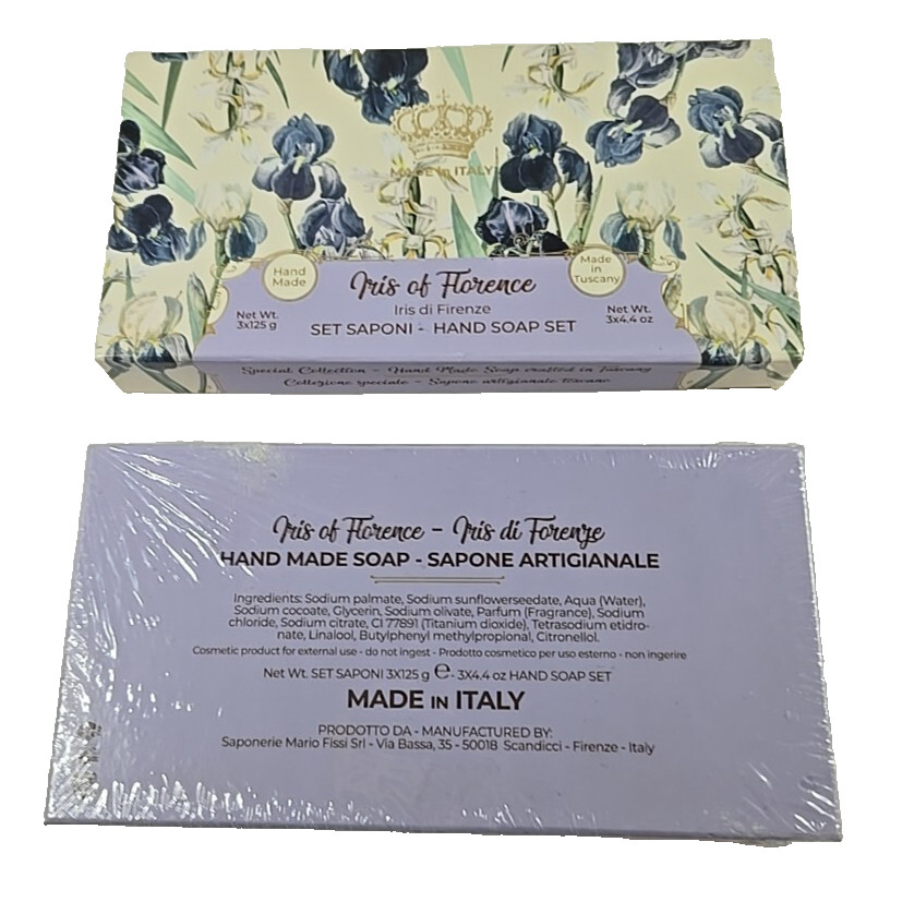 Mario Fissi Iris of Florence Hand Soap Gift Set 3 Bars x 4.4oz Hand Made Italy