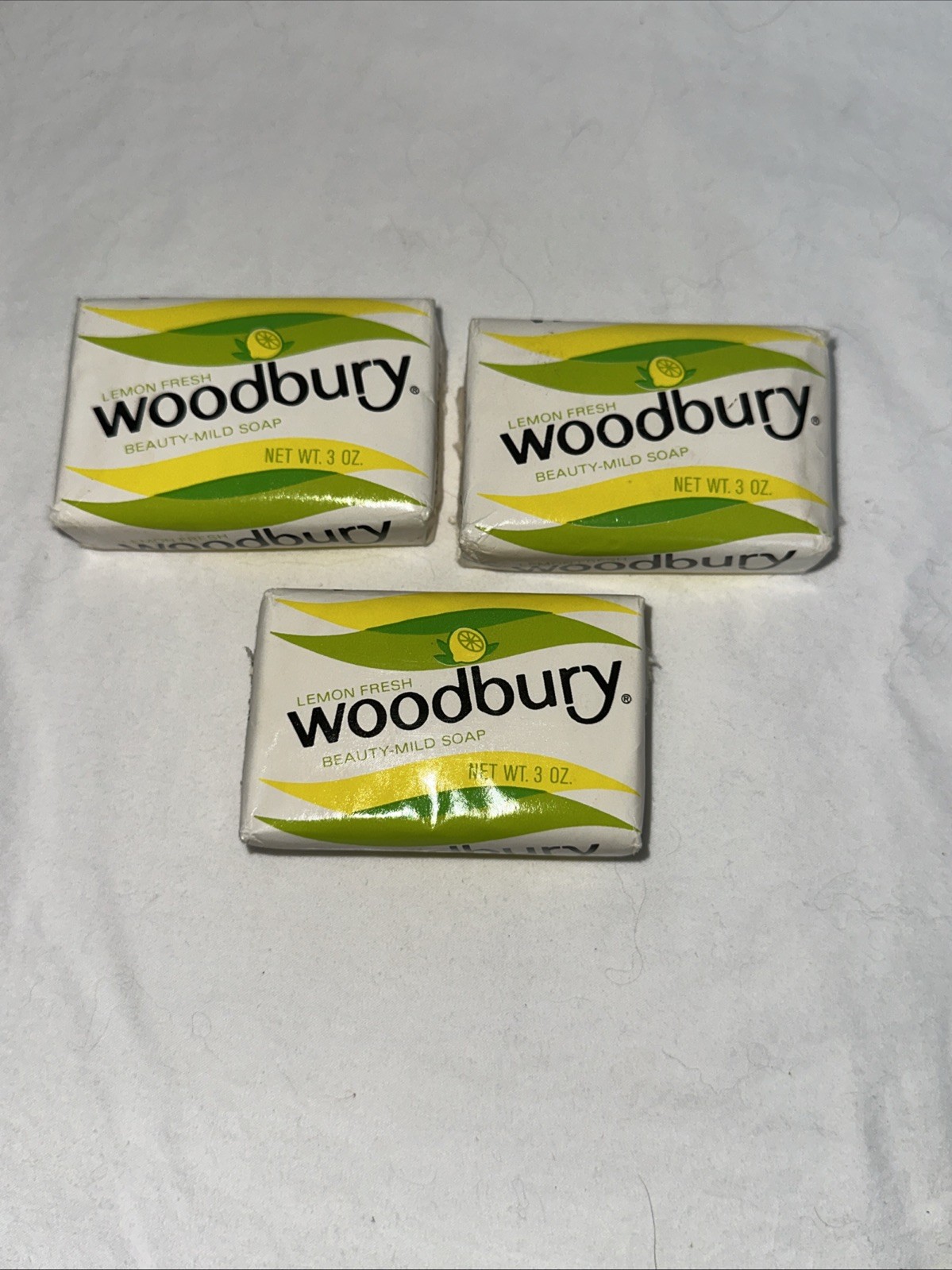 NOS 3 Bars Woodbury Beauty Soap Lemon Green White 3 oz Jergens 1960s Movie Prop