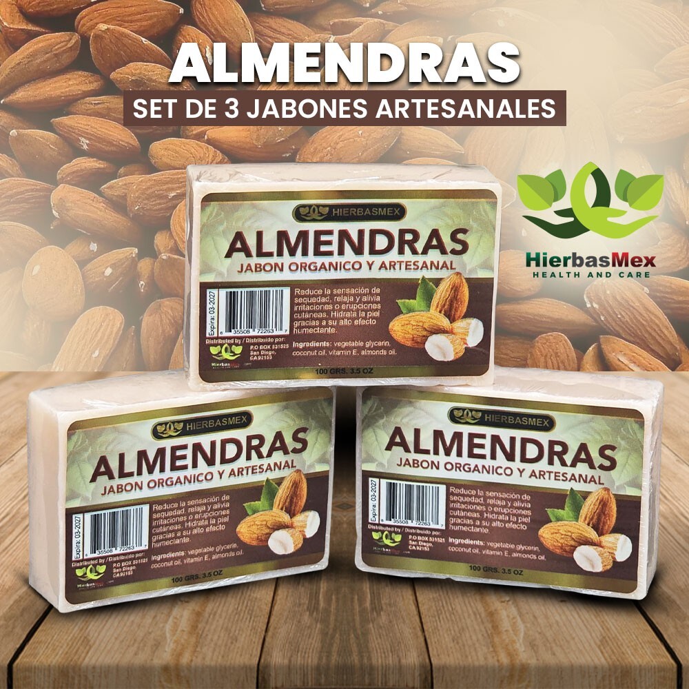 Almendras Jabon Herbal Set de 3 Jabones 100g Almonds Bar Soap HierbasMex