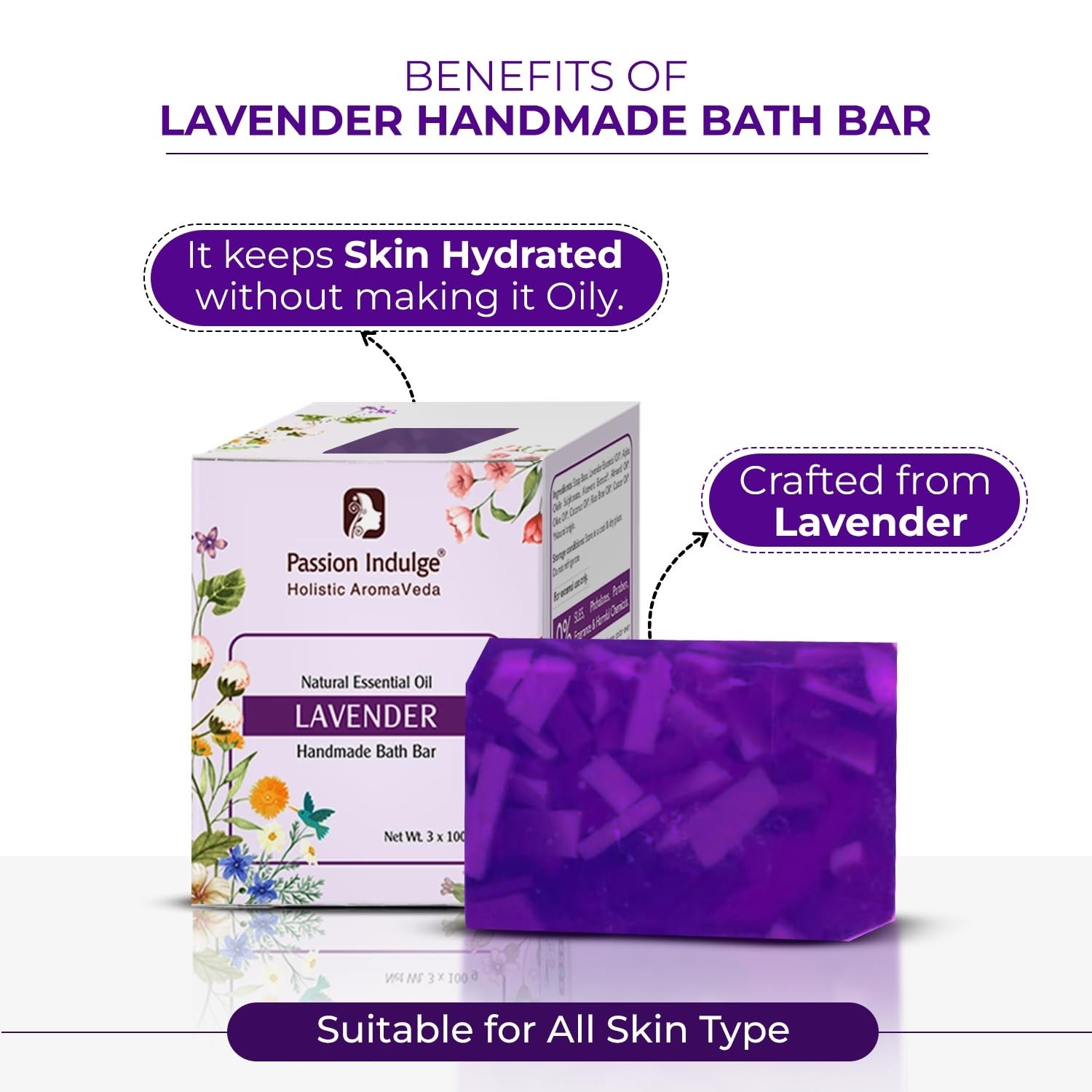 Natural Lavender Handmade Bath Bar Soap with Lavender Essential Oil ,PACK OF 3