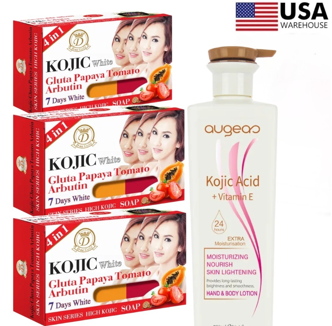 Kojic Arbutin Brightening Bar Soap + Lotion Skin Dark Spot Remover [USA Stock]