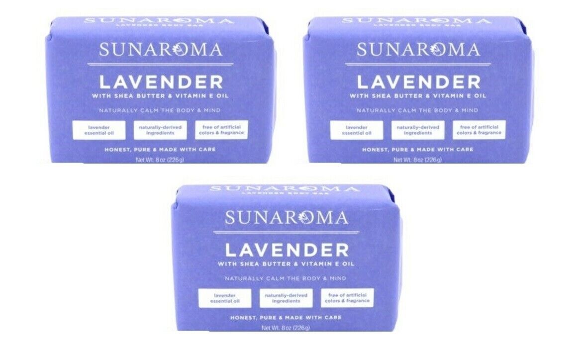 BL Sunaroma Soap Bar Lavender With Shea + Vitamin E Oil 8 oz – THREE PACK