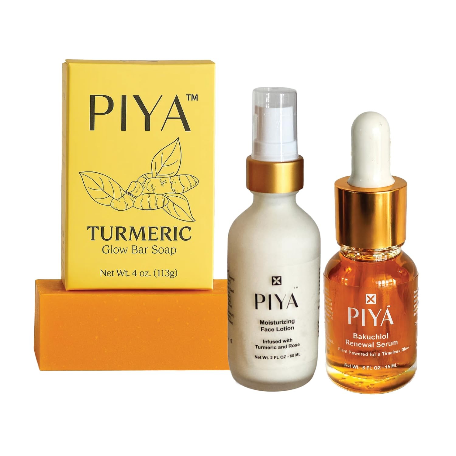 Piya Turmeric Soap Bar, Face lotion and Bakuchiol Serum (3 Pack) with small s…