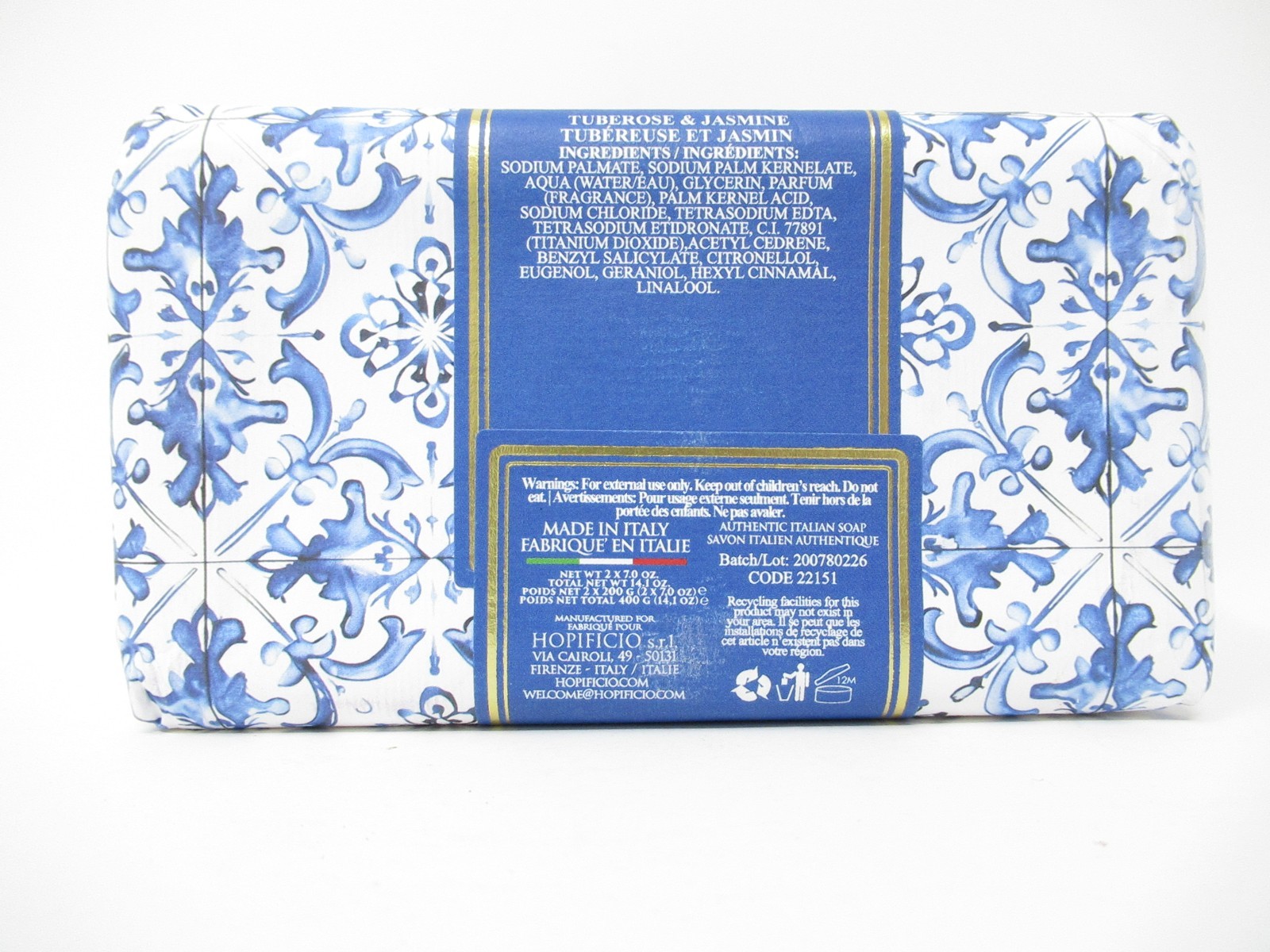 Hopificio Italian Luxury Bath Bar Soap 2 Pk Tuberose Jasmine scent 14.1oz total