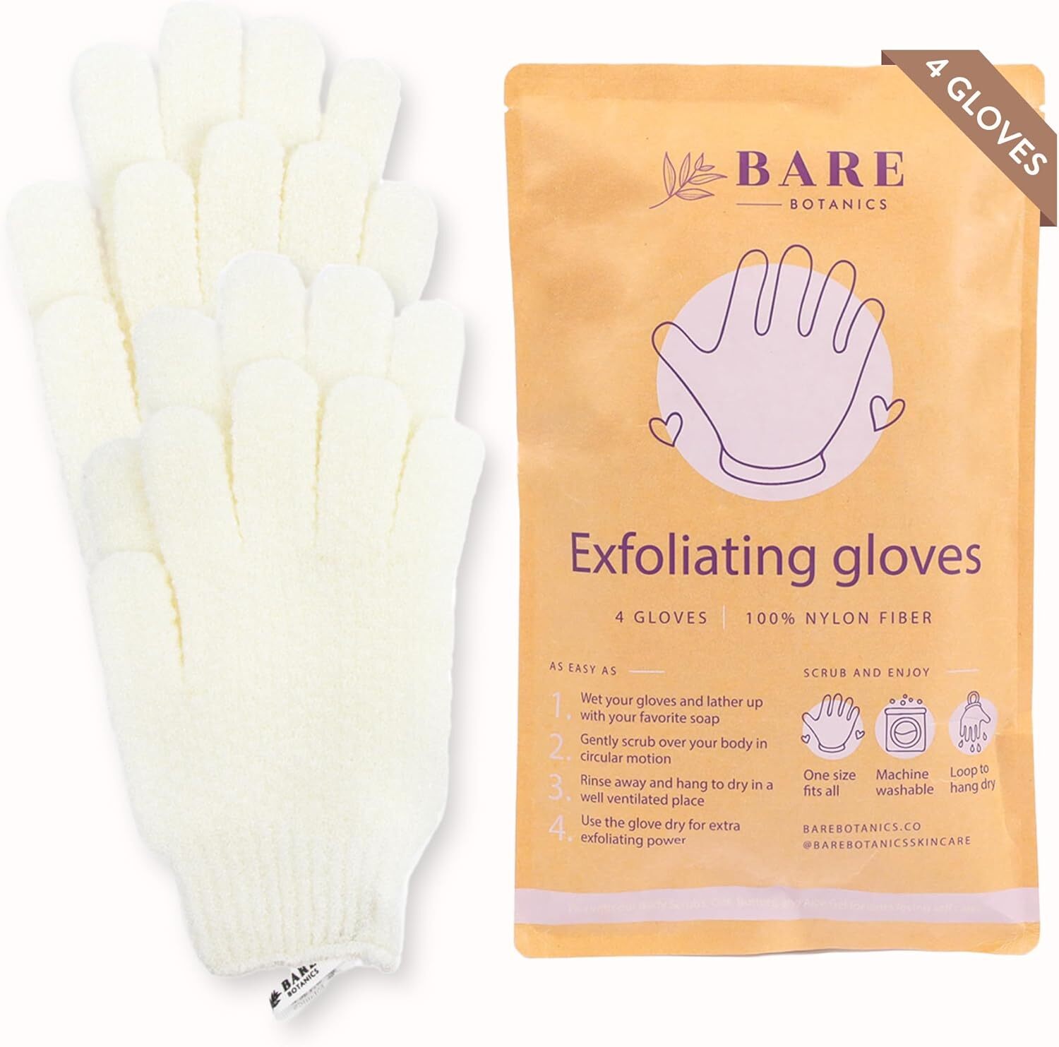 Bare Botanics 4 Pack White Exfoliating Gloves for Shower | 100% Nylon Fibers…