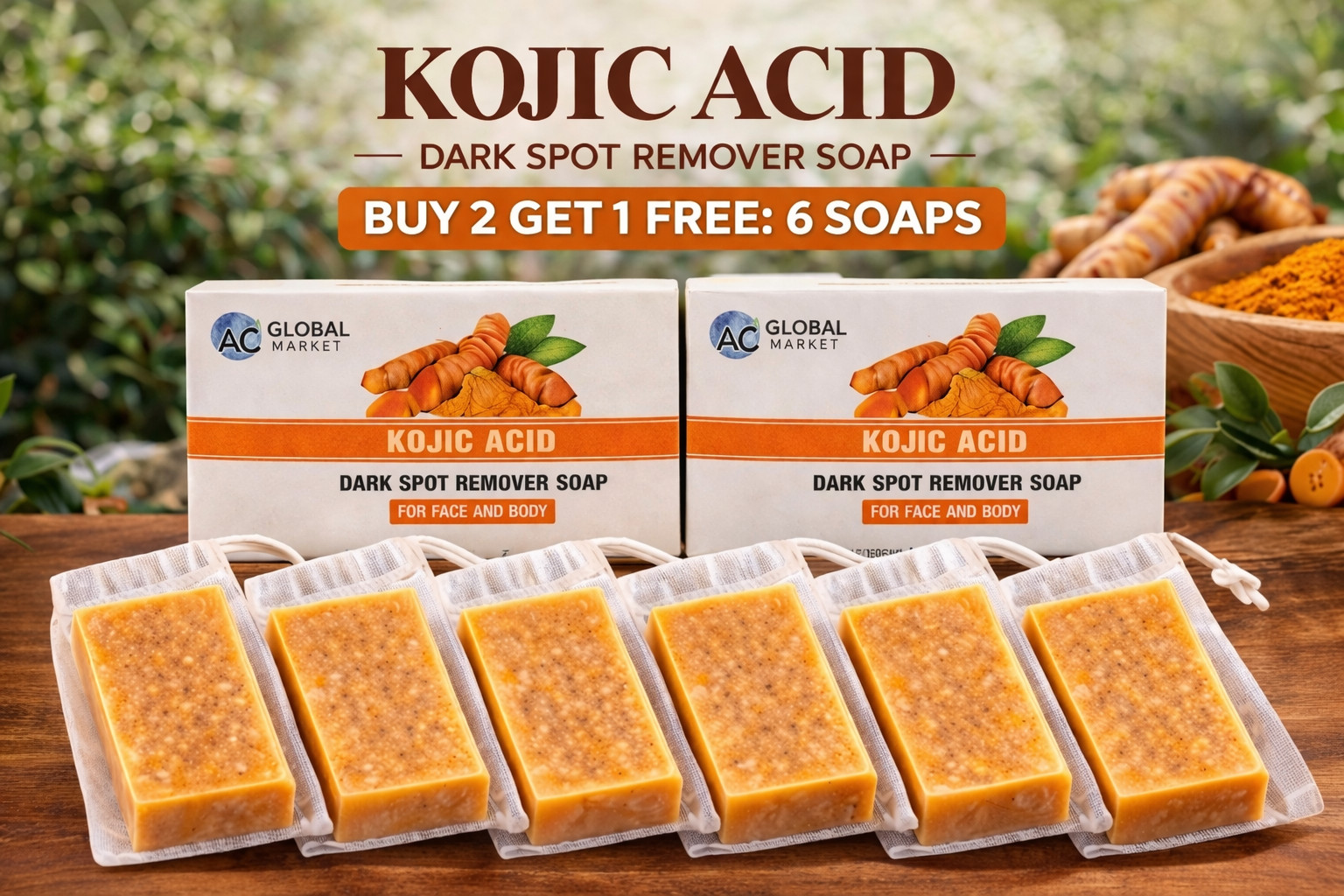 Kojic Acid Soap 6 Bars Dark Spot Remover Turmeric Brightening Face Body Skin