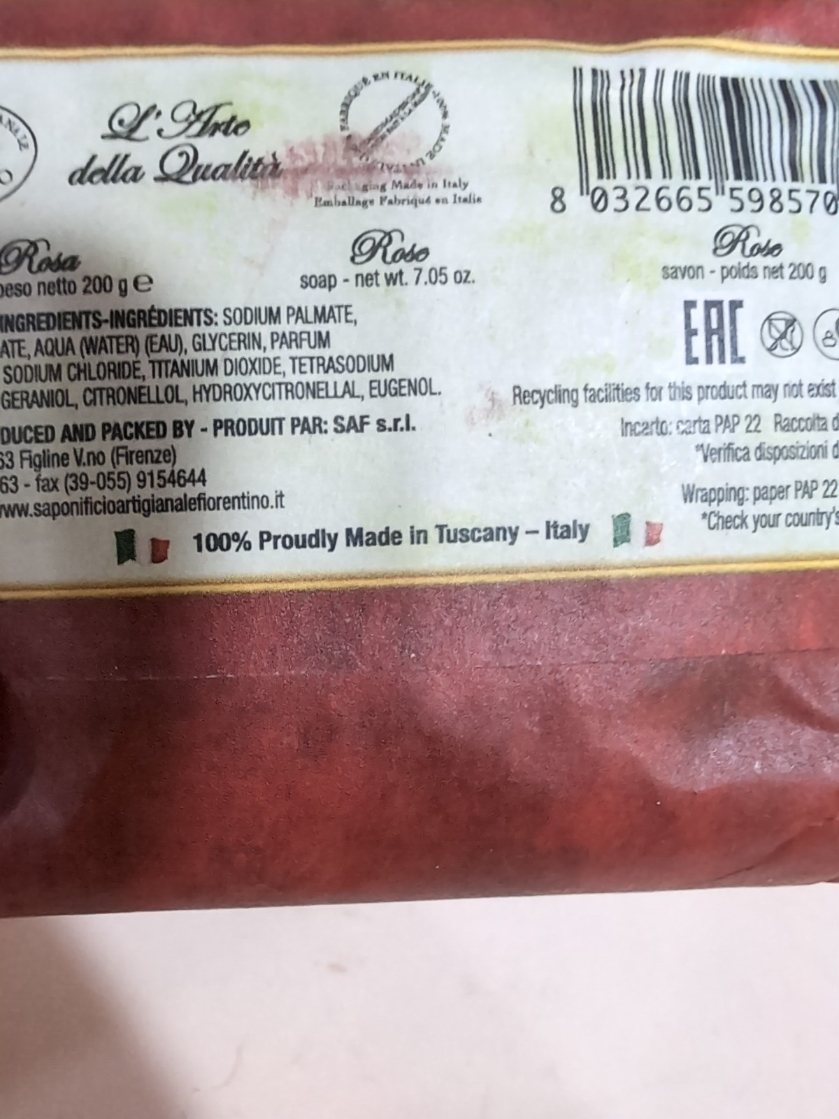 NEW Saponificio Artigianale Fiorentino Italian Rose 7.5 Oz. Soap Set Of 2 Soap