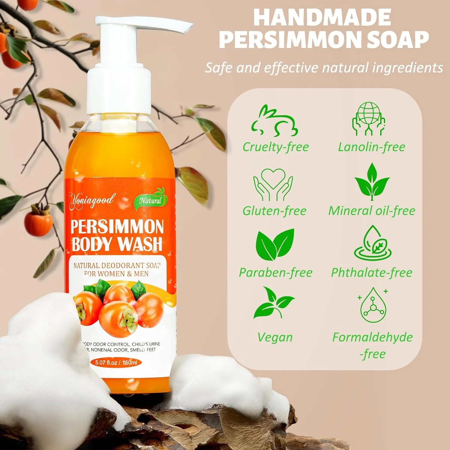2 PCS Persimmon Body Wash Strong Odor Control Natural Eliminator Old Smell