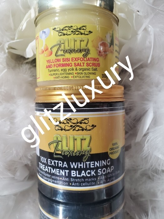 2pc. Glitz luxury 10X Whitening treatment Black Soap👌 & Yellow Sisi salt scrub
