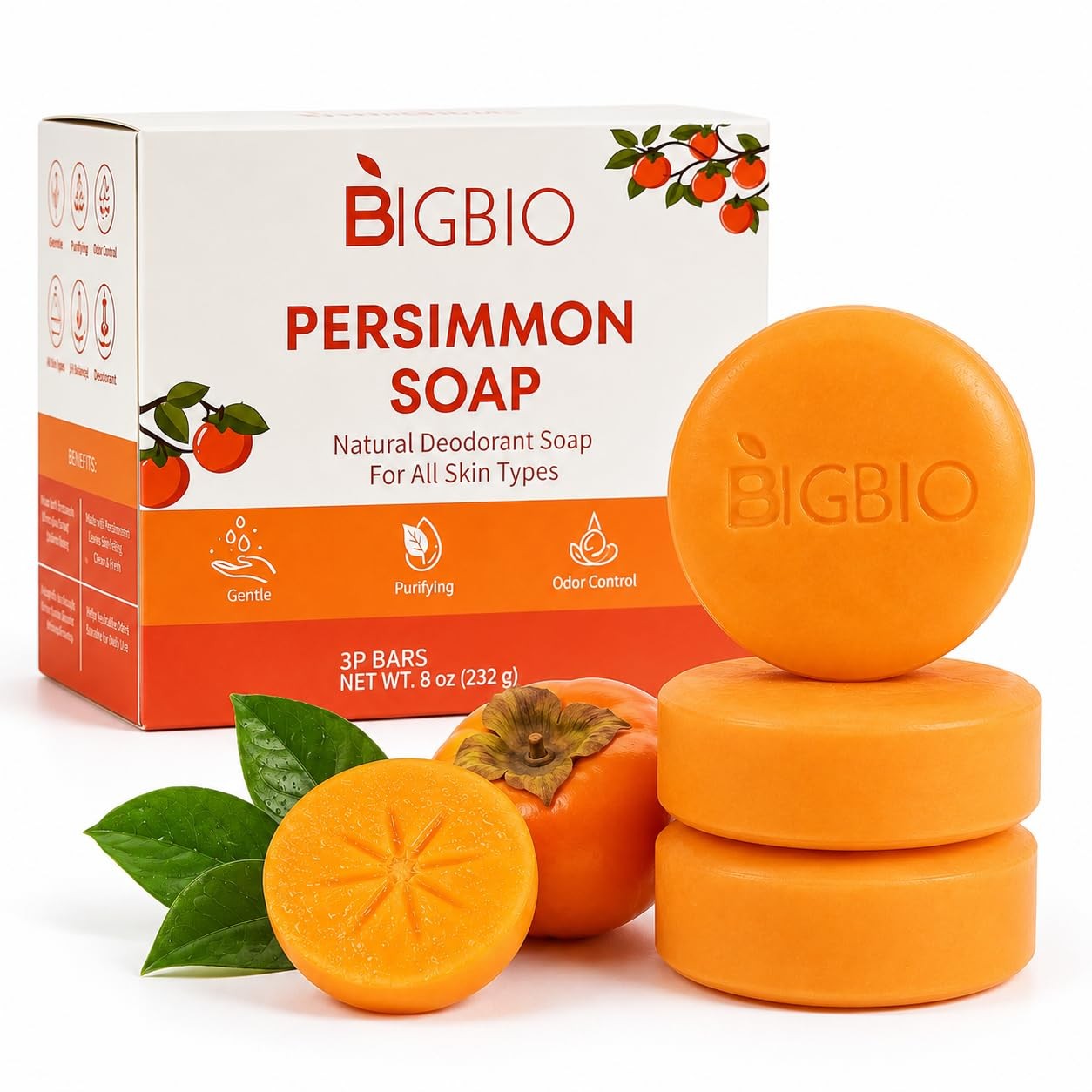 3 Pcs Persimmon Soap Bar for Body Odor Control, Natural 3 Ounce (Pack of 1)