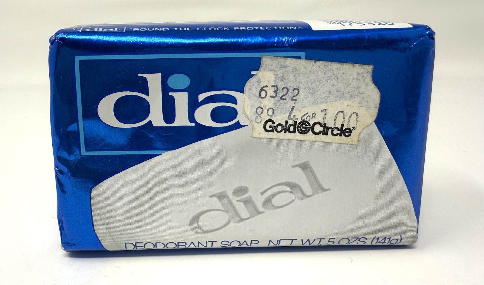 Dial Deodorant Soap Bar White Bath Blue Metallic Wrapper Gold Circle Sticker