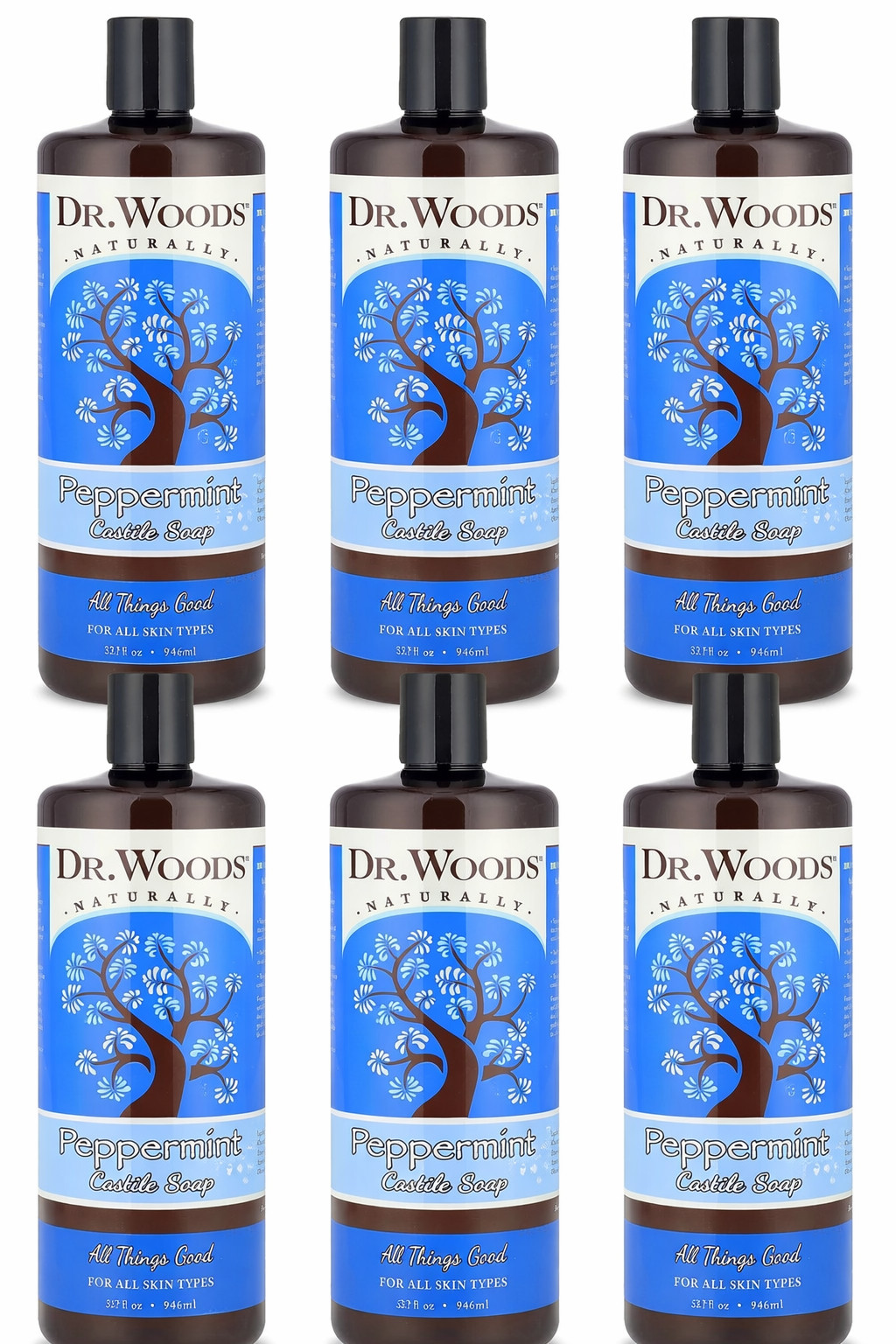 Dr. Woods Peppermint Castile Soap 32 oz All Natural Liquid Body Wash Pack of 6
