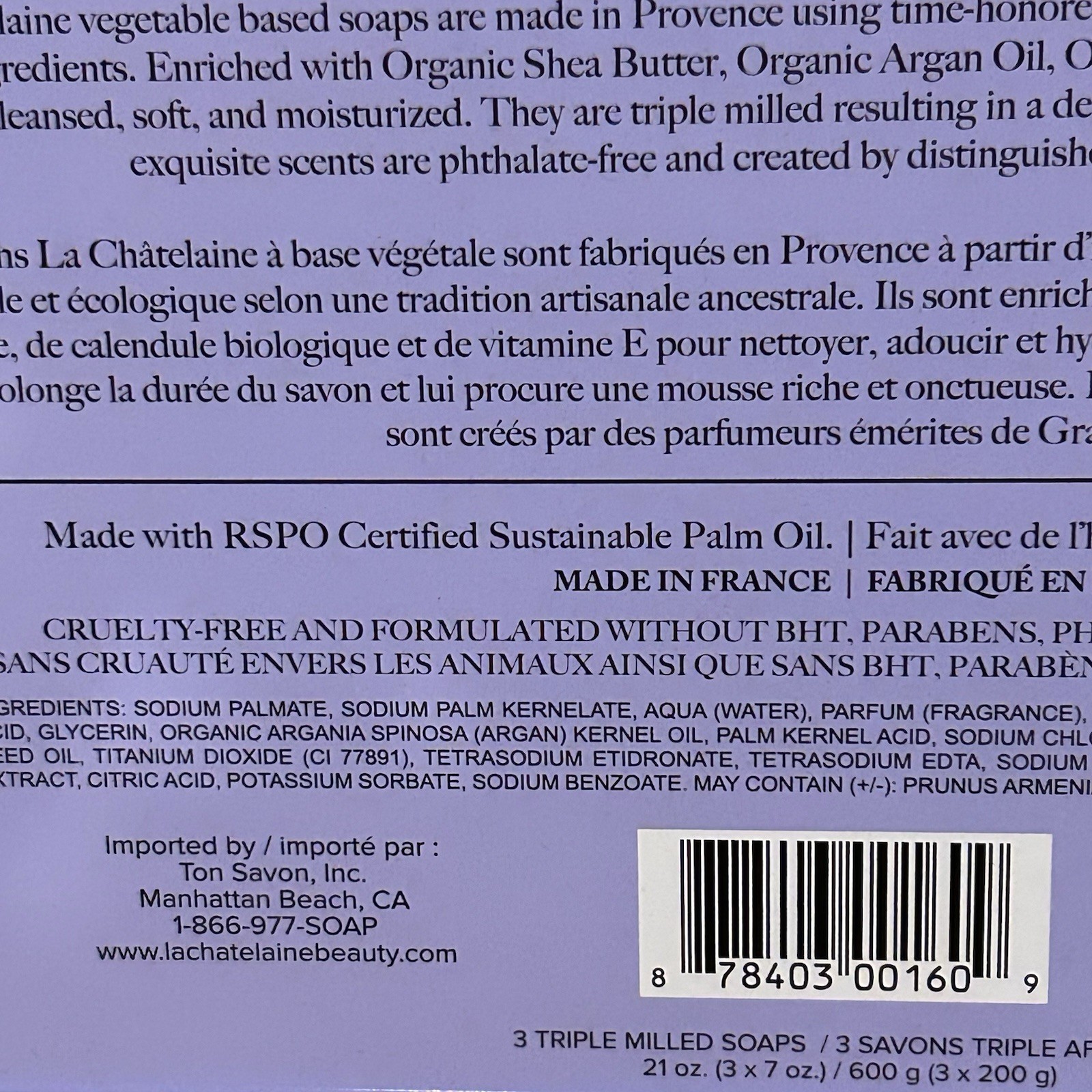 New, La Chatelaine Luxury Soap Bars (3-7oz.) Lavender, Lychee, Lemon Verbena