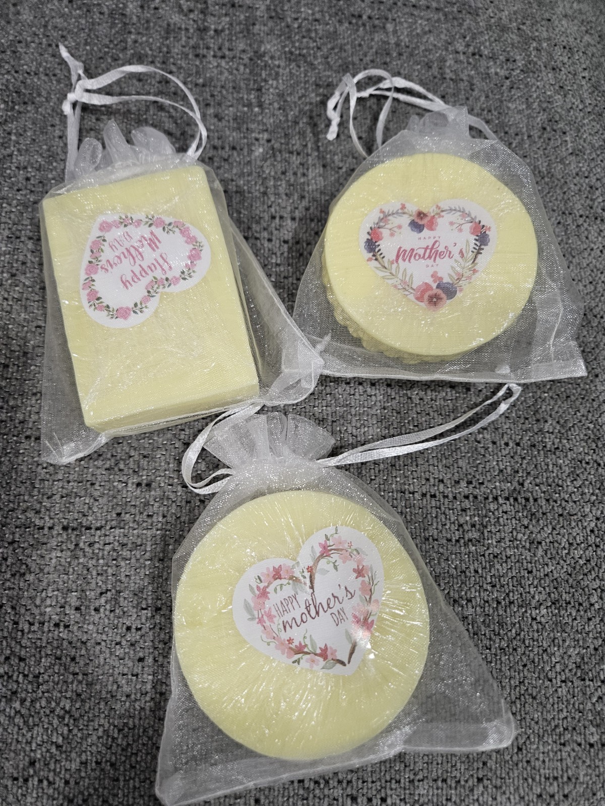 Handmade Floral Flower-Shaped Body Bar Soap Set, Pink/Purple/Yellow Organza