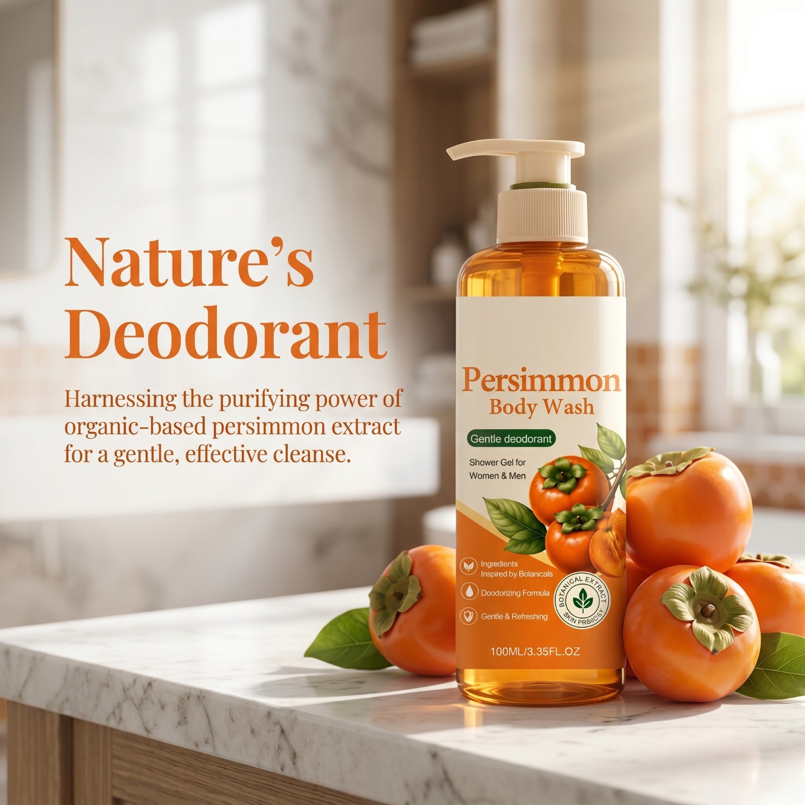 Persimmon Natural Deodorant Bar Soap, Deep Cleansing for Body & Foot Odor 100ml