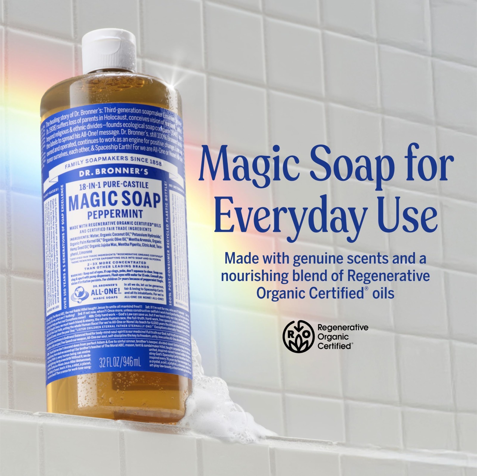 Pure-Castile Liquid Soap 32oz – 18-in-1 Uses, Vegan, Non-GMO, Peppermint Scent