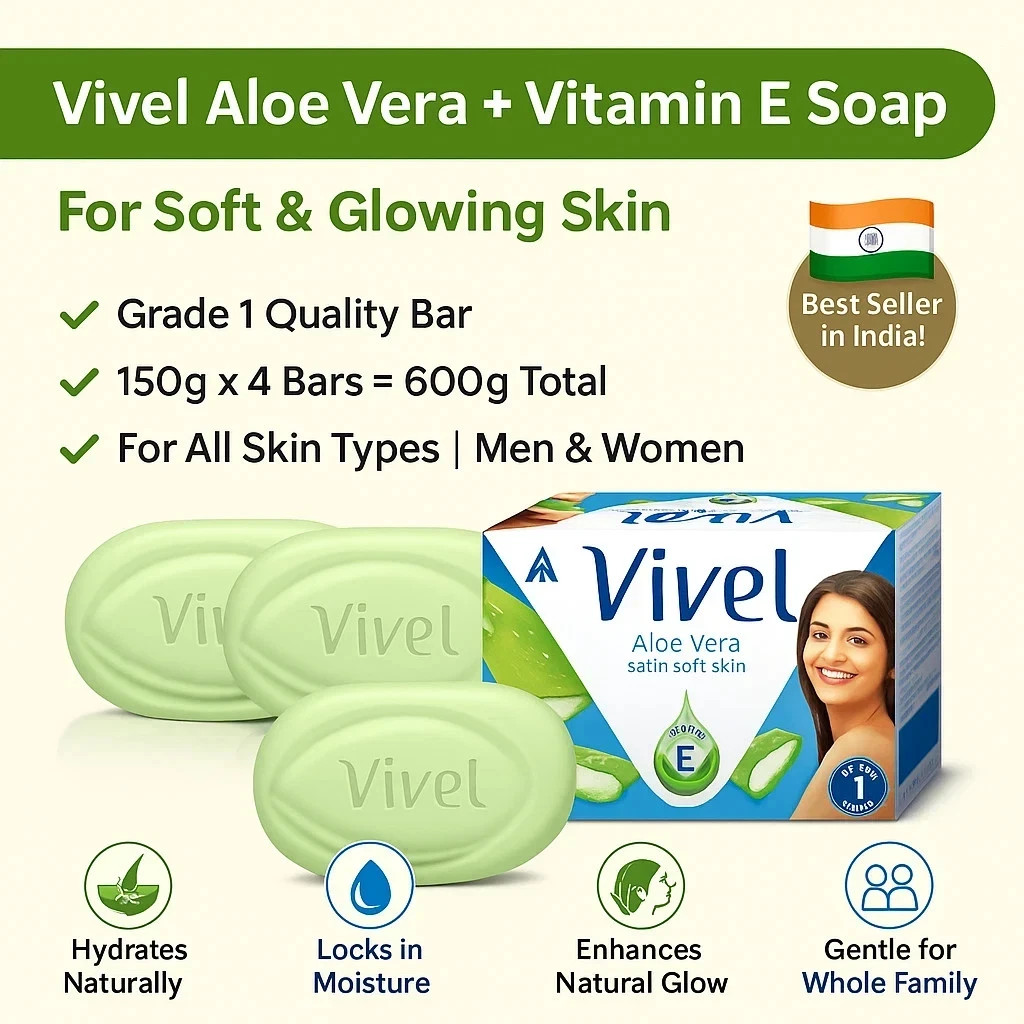 Vivel Aloe Vera Grade 1 + Vitamin E Bathing Soap 150 g × 4 – Soft, Glowing Skin