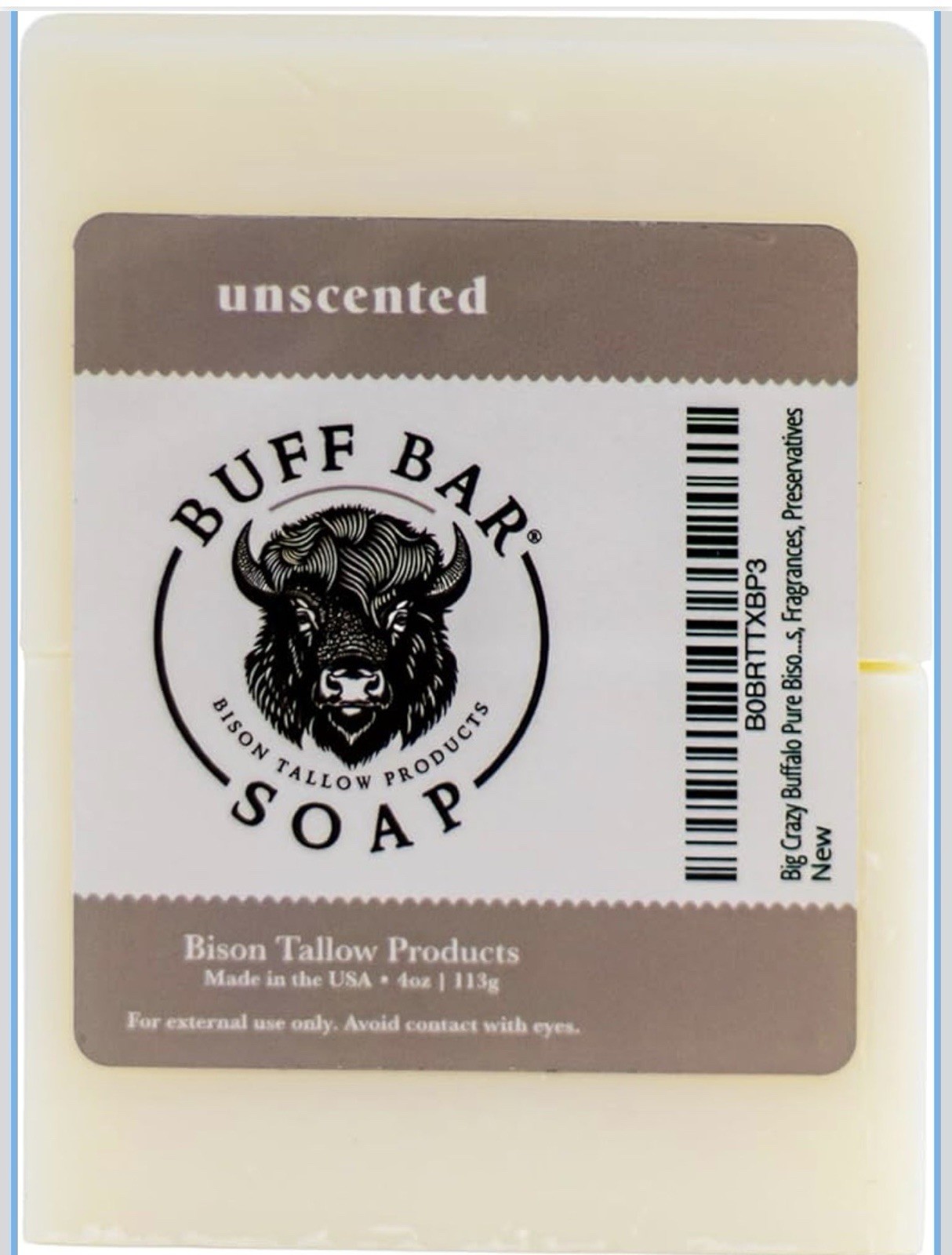 BUFF BAR Bison Tallow Buff Soap Bar, Unscented, (2 pack) NEW