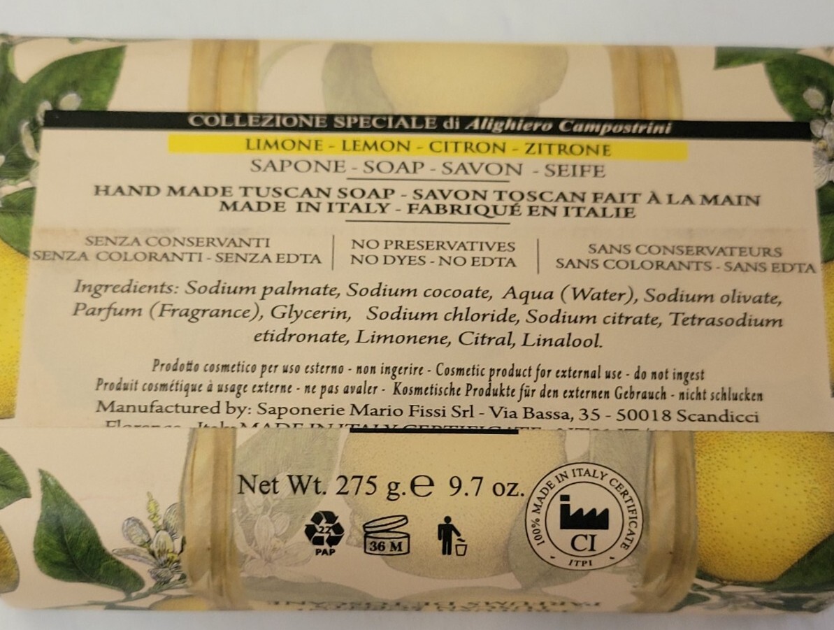 Lemon Luxury Soap Bar Sapone Hand Made Tuscan Preservative Free 9.7 oz