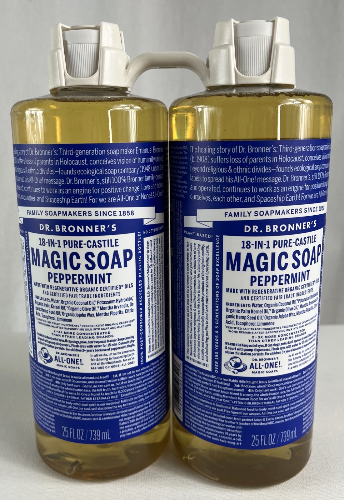 Dr Bronner’s Peppermint Pure-Castile Soap, 25oz x 2 bottles New