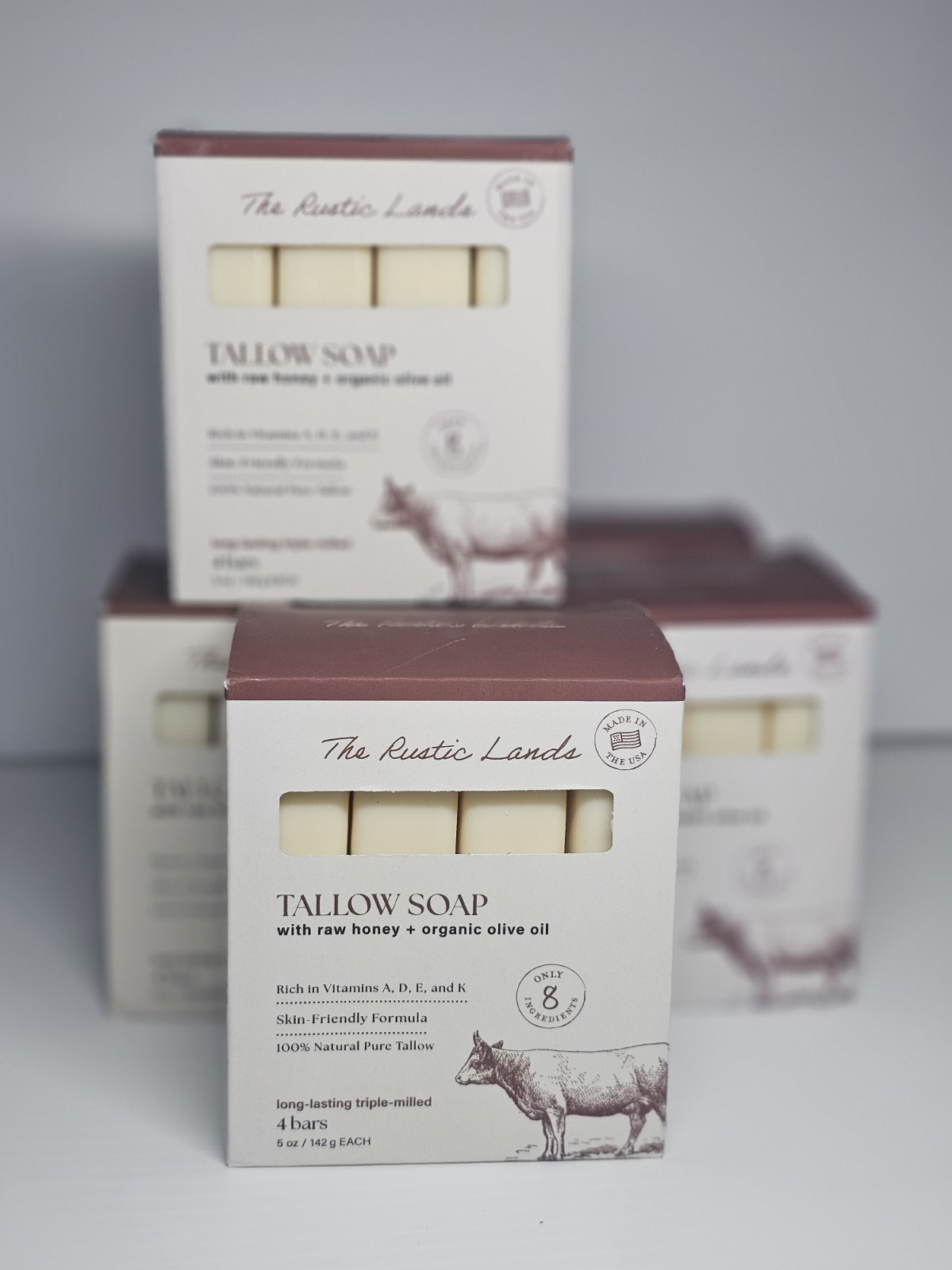 THE RUSTIC LANDS Grass Fed Beef Tallow Soap Bars Set of 4 with Honey & Olive Oil