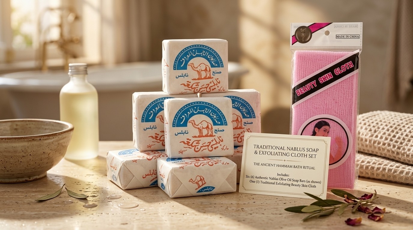 Nablus Olive Oil Soap 6 Bars Natural Handmade Palestine + FREE Exfoliating Cloth