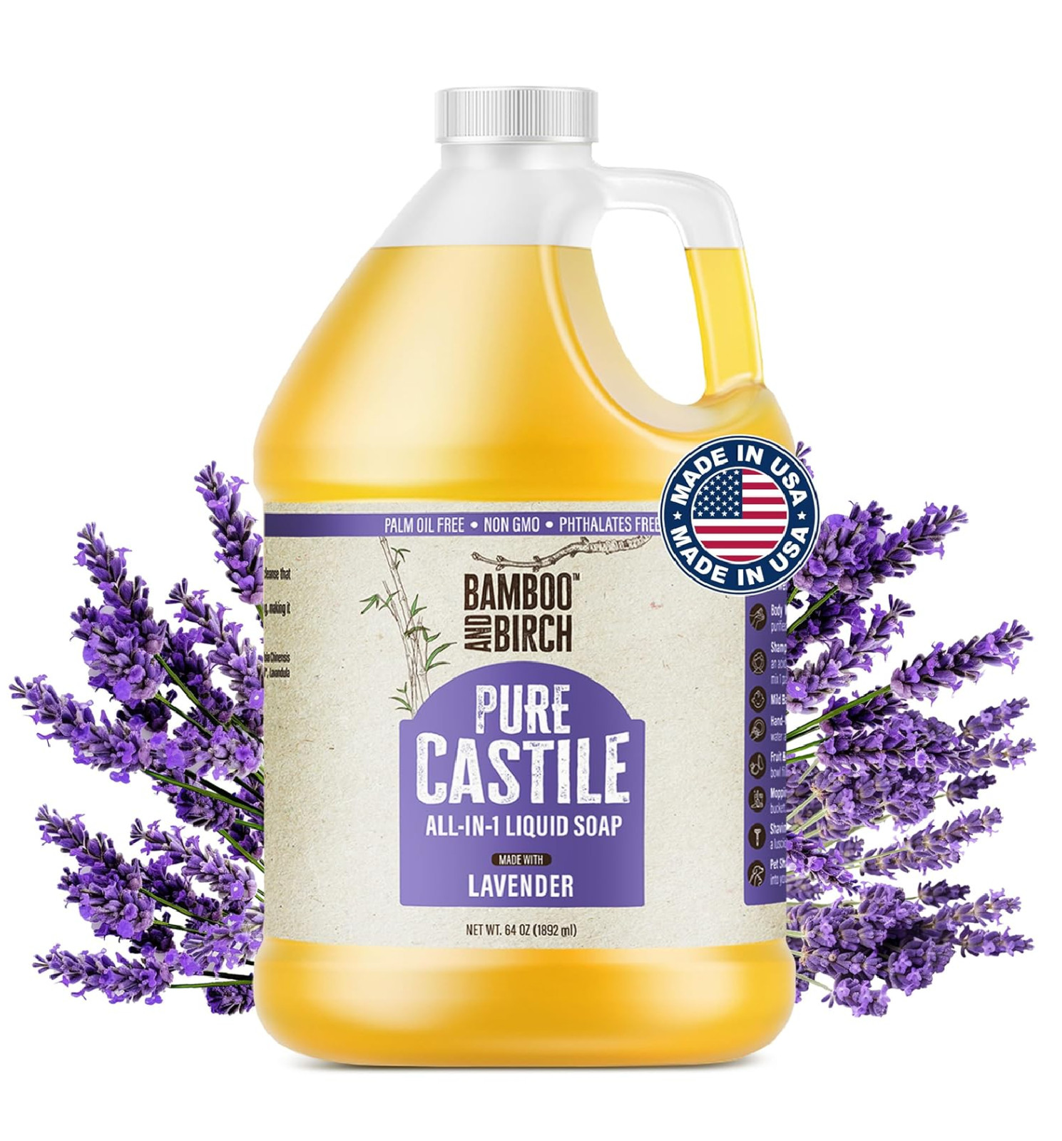 BAMBOO AND BIRCH Pure Castile Soap Liquid, Certified Palm Oil Free Natural Soap,