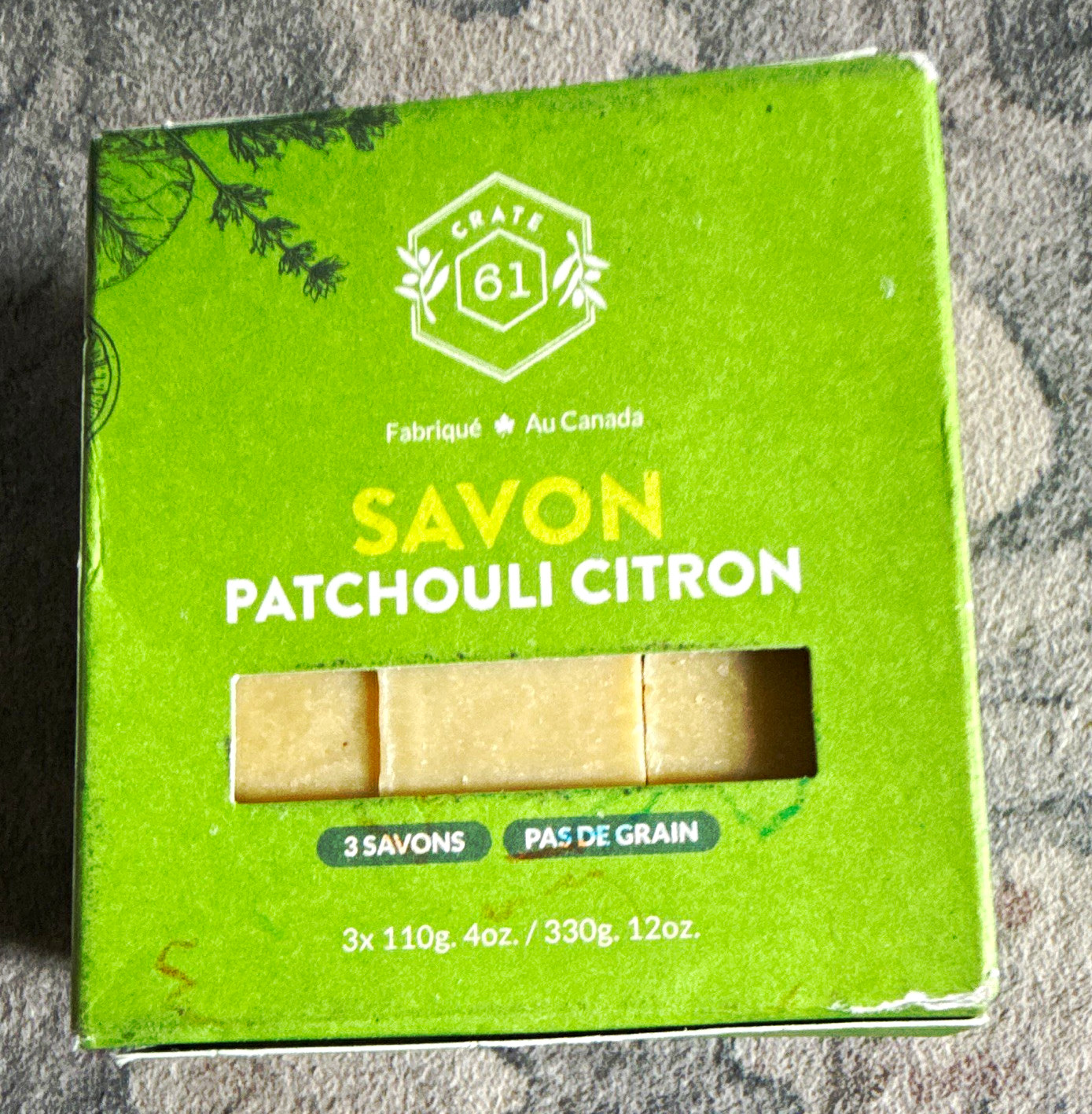 Crate 61 Patchouli Citron 3 Bars soap 12 oz No Grit Made in Canada