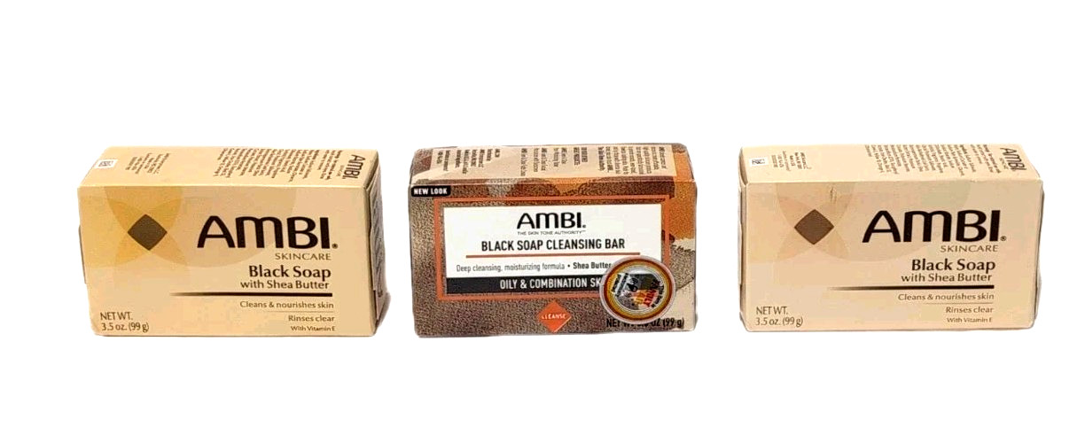 AMBI Black Soap Bar Shea Butter 3.5oz Ea Lot Of 3 Bars New Sealed