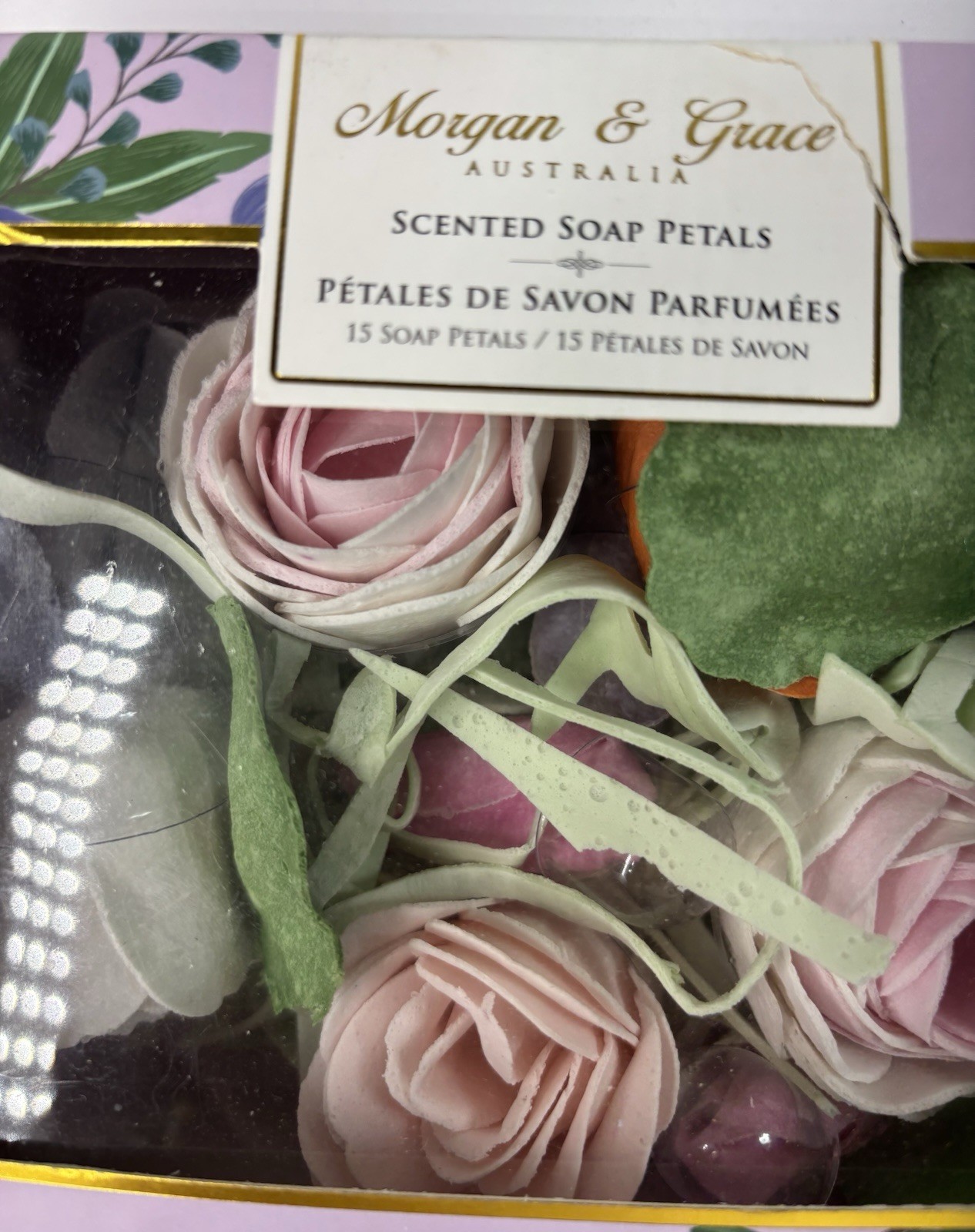 NIB Morgan & Grace Wild Roses Scented Soap Petals Pretty Pink Rose Soap