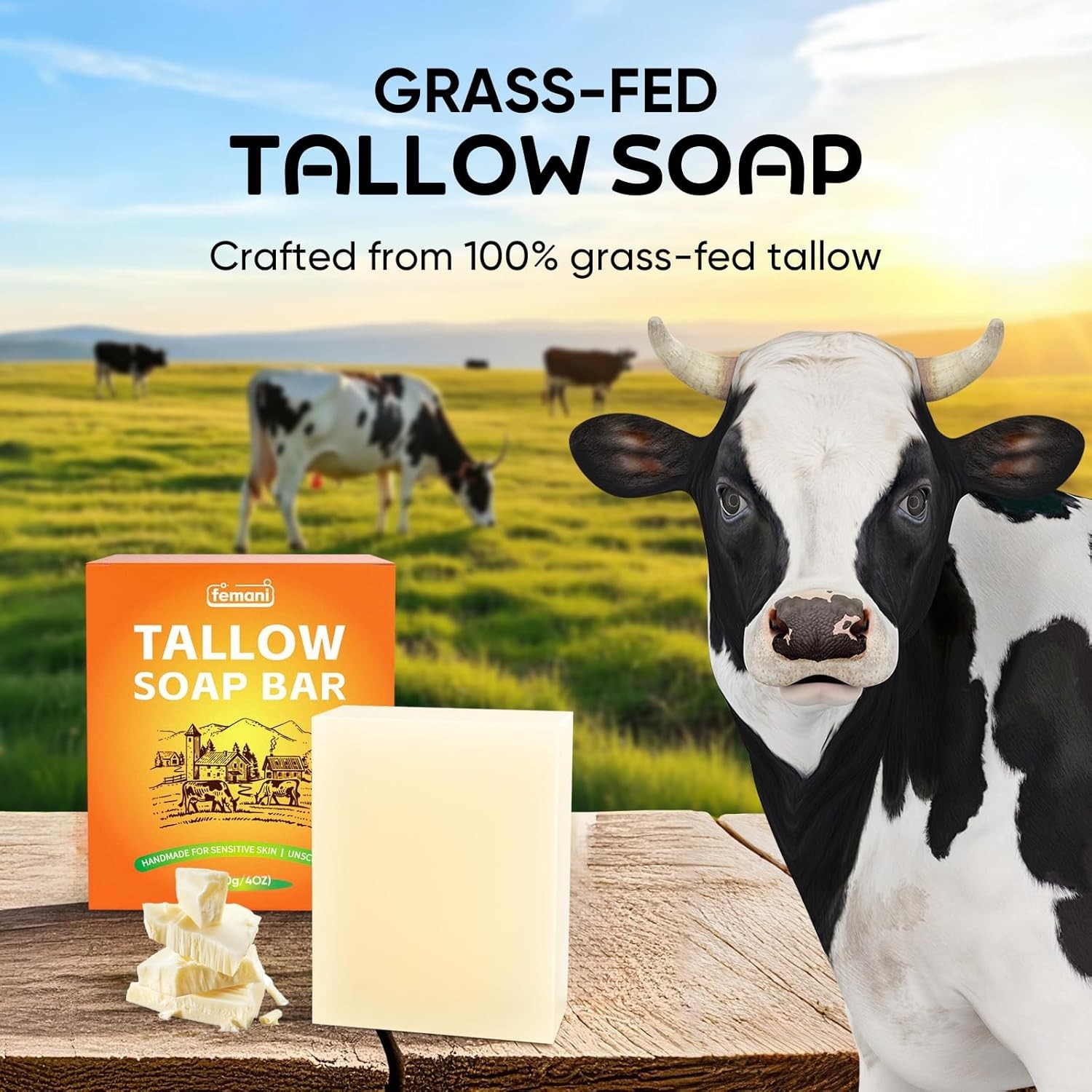 Beef Tallow Soap Bar – All Natural and Organic Grass Fed Tallow Soap Unscente…