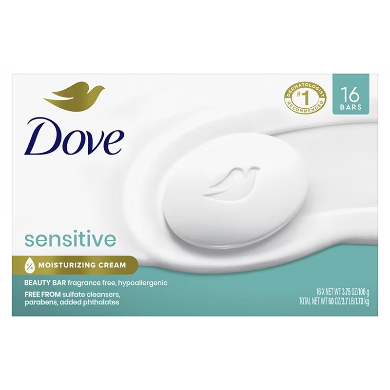 Dove Beauty Bar Soap Sensitive, Fragrance‑Free & Hypoallergenic, 16 Ct./3.75 oz