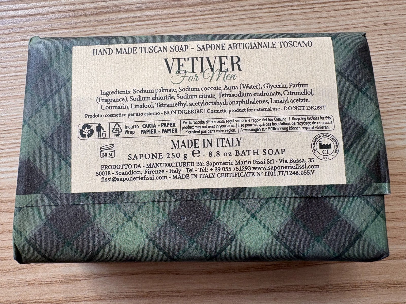 2 Pack Vetiver For Men Italian Handmade Soap 8.8oz Bath Bars Made in Italy