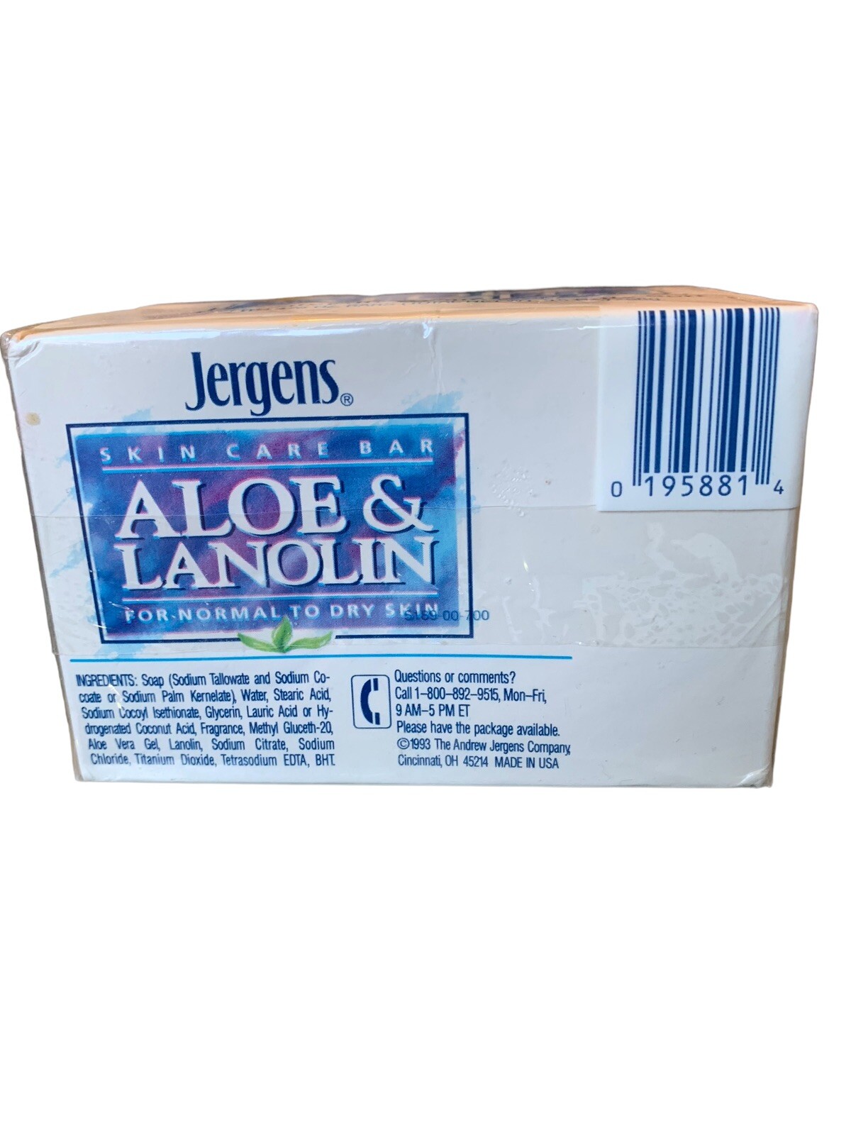 Vtg Jergens Aloe & Lanolin Skin Care Bar Soap 4.75 Oz 2 pack NOS White 1993 90s