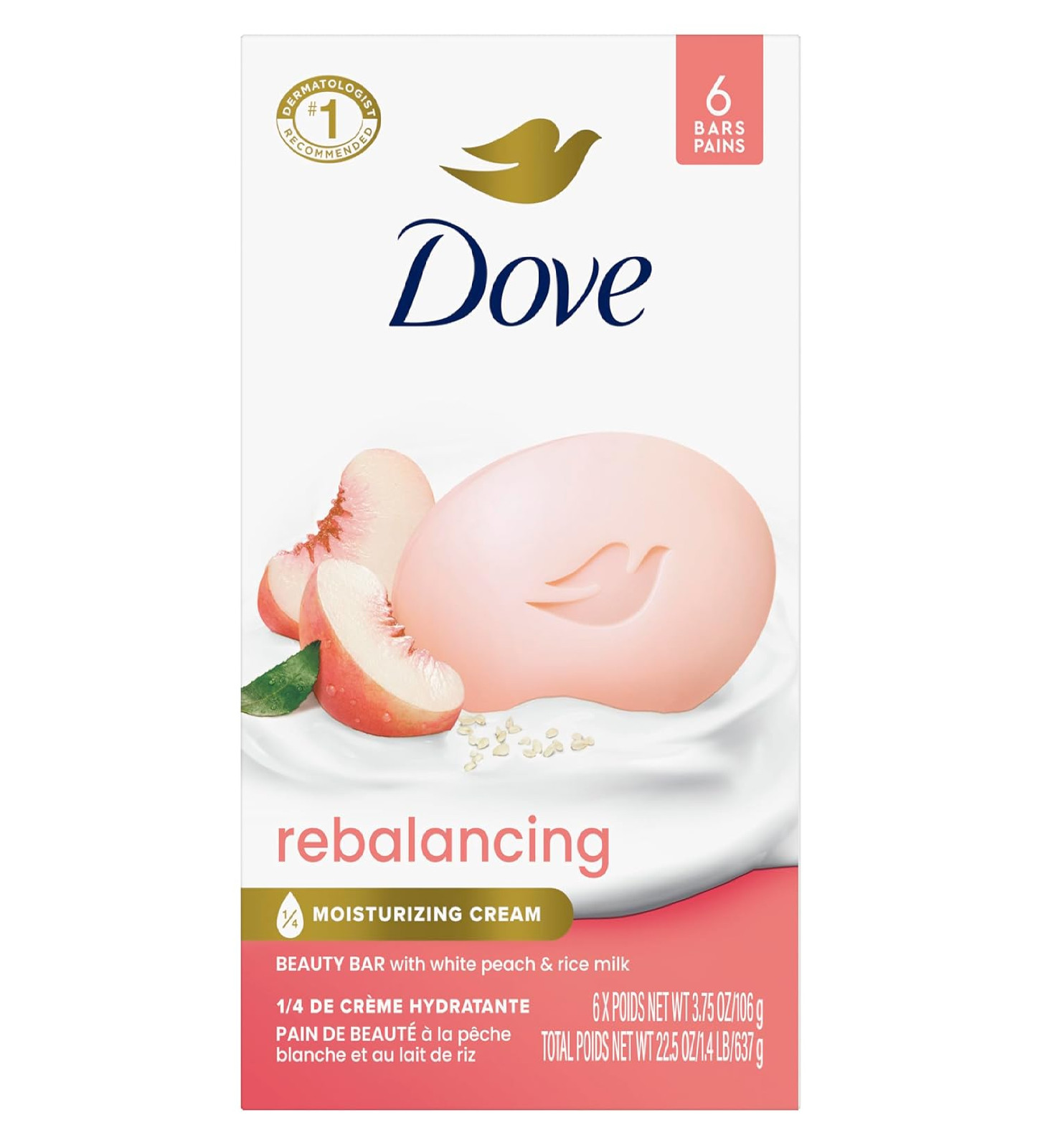 Dove Beauty Bar Soap Rebalancing White Peach & Rice Milk 6 Count for a Nourished