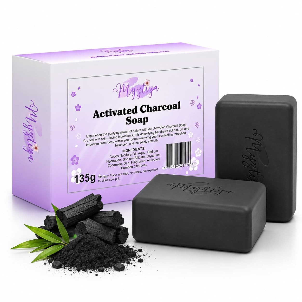 Myztiza Activated Charcoal Bar Soap for Face & Body – 2 Pack 135g Each