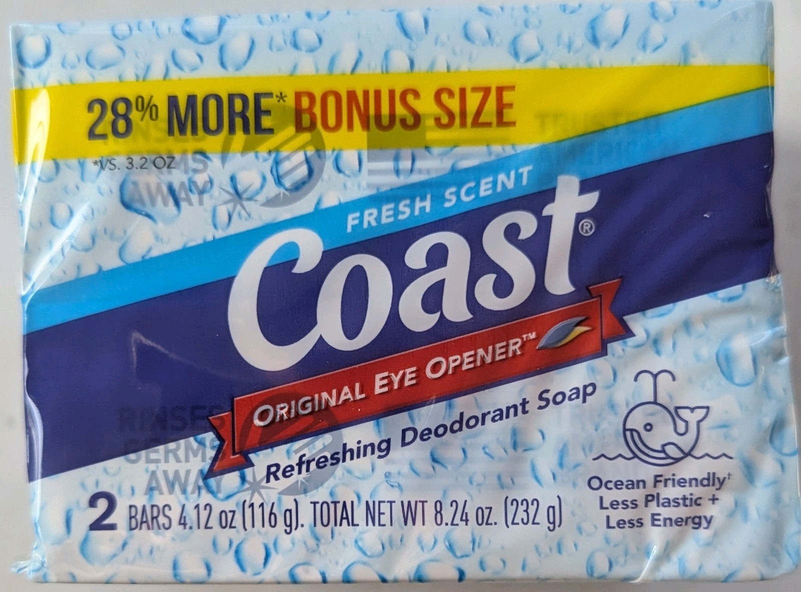 Pack of 2 Coast Deodorant Soap Bar Fresh Scent 4.12 oz Each Eye Opener New