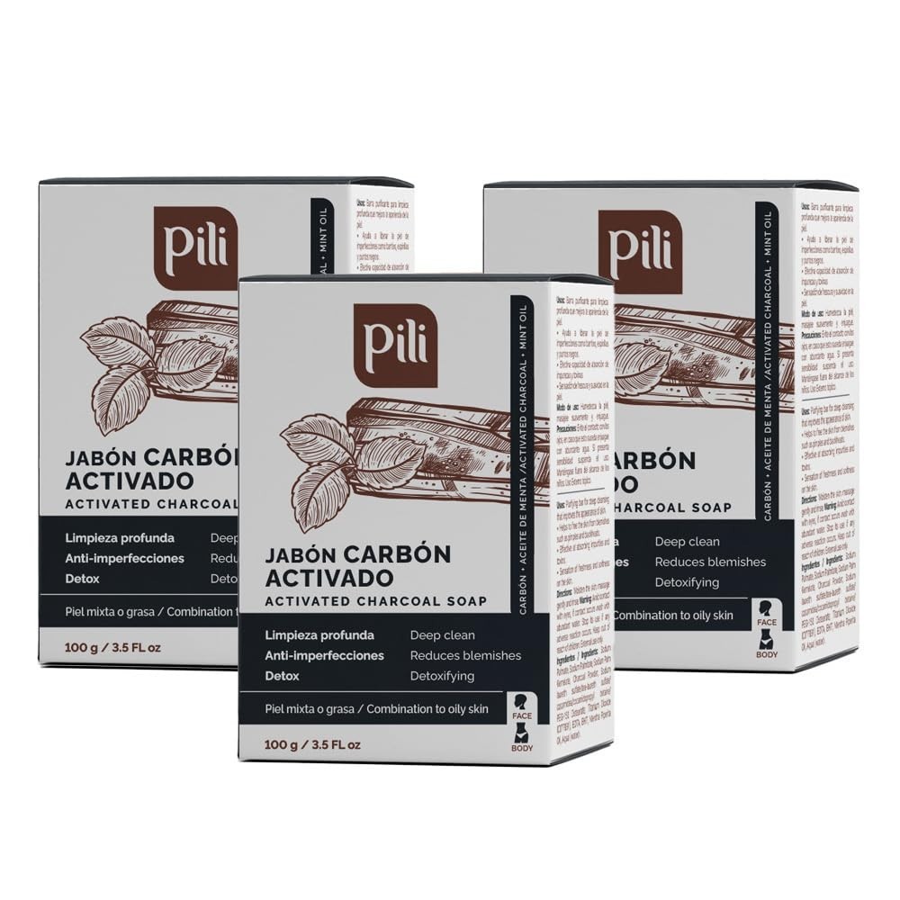 Pili Natural Activated Charcoal Detoxifying Soap Bars &Peppermint Oil (3 Pack)