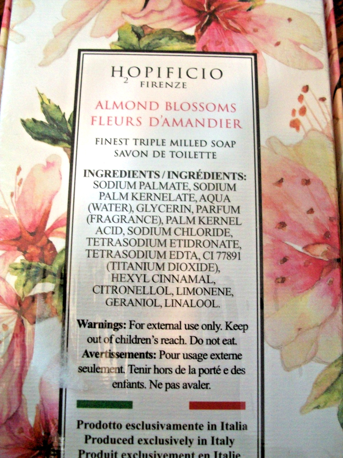 ALMOND BLOSSOMS~HOPIFICIO FIRENZE FINEST TRIPLE MILL SOAP~3 BARS~MADE IN ITALY~