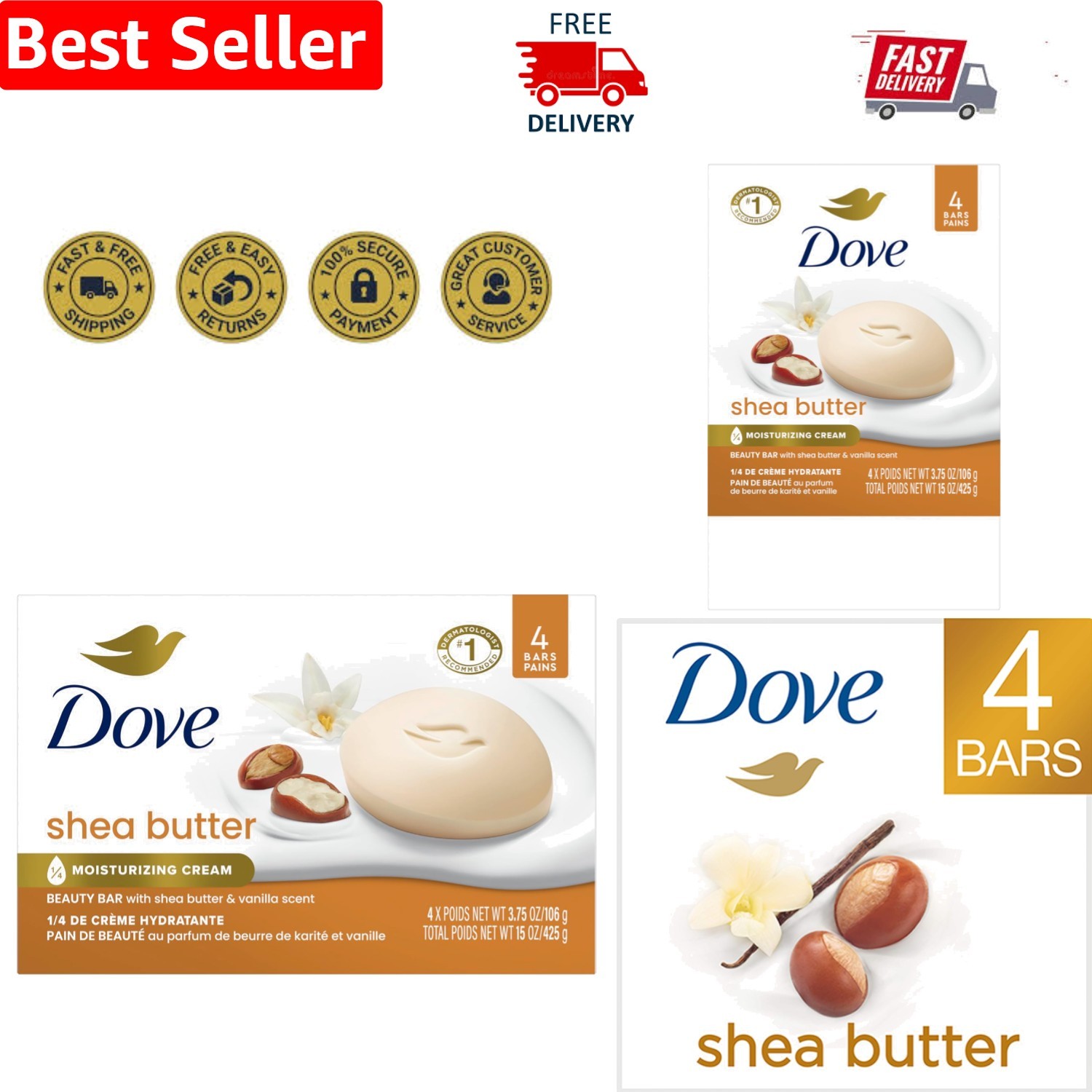 Dove Beauty Bar (4-Pack) – Luxe Moisturizing Cleanser for Smooth, Radiant Skin