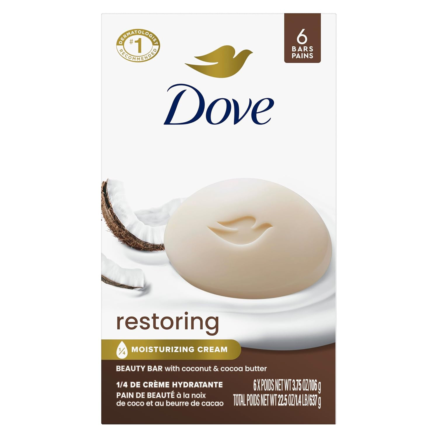 Dove Beauty Soap Restoring Coconut & Cocoa Butter 6 Count Restored Skin 3.75 Oz